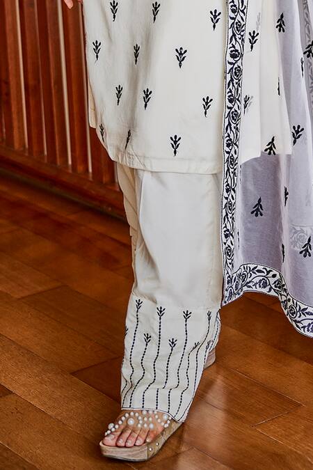 The Royaleum_Ivory Silk, Organza Embroidery Round Neck Shikargah Patterned Kurta Pant Set_Online_at_Aza_Fashions