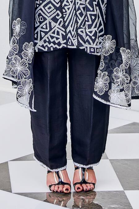 The Royaleum_Black Silk, Organza Embroidery, Sequins Round Neck Candy Floss Kurta Pant Set_Online_at_Aza_Fashions