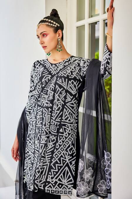 Buy_The Royaleum_Black Silk, Organza Embroidery, Sequins Round Neck Candy Floss Kurta Pant Set_Online_at_Aza_Fashions