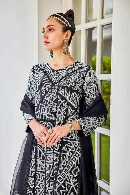 Shop_The Royaleum_Black Silk, Organza Embroidery, Sequins Round Neck Candy Floss Kurta Pant Set_Online_at_Aza_Fashions