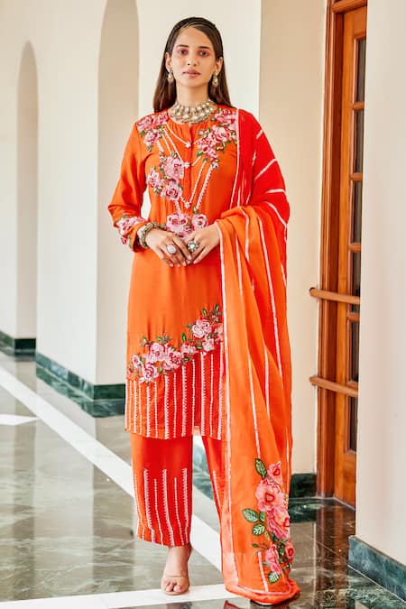 The Royaleum Orange Silk, Organza Sequins, Beads, Candy Floss Floral Kurta And Pant Set 