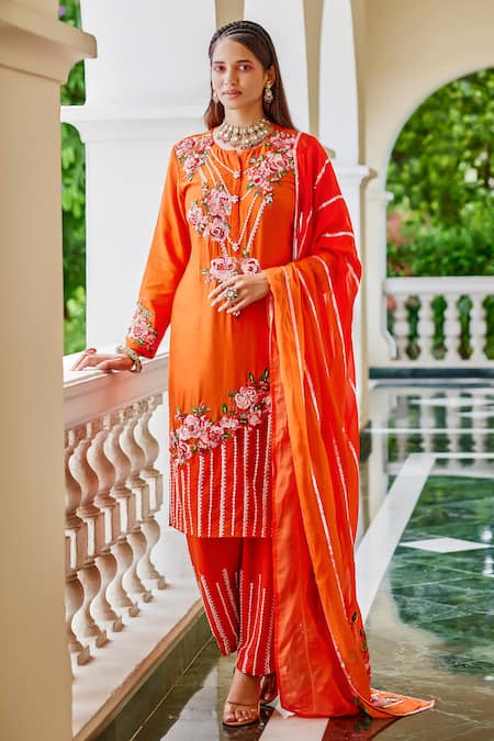 The Royaleum Orange Silk, Organza Sequins, Beads, Candy Floss Floral Kurta And Pant Set Online at Aza Fashions The Royaleum_Orange Silk, Organza Sequins, Beads, Candy Floss Floral Kurta And Pant Set _Online_at_Aza_Fashions