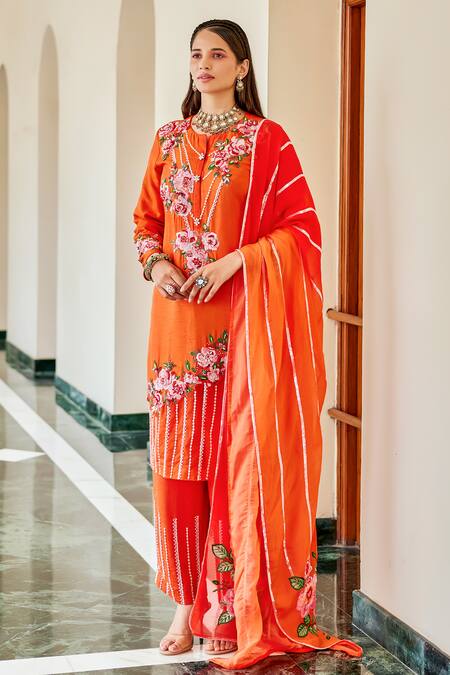 Buy The Royaleum Orange Silk, Organza Sequins, Beads, Candy Floss Floral Kurta And Pant Set Online at Aza Fashions Buy_The Royaleum_Orange Silk, Organza Sequins, Beads, Candy Floss Floral Kurta And Pant Set _Online_at_Aza_Fashions