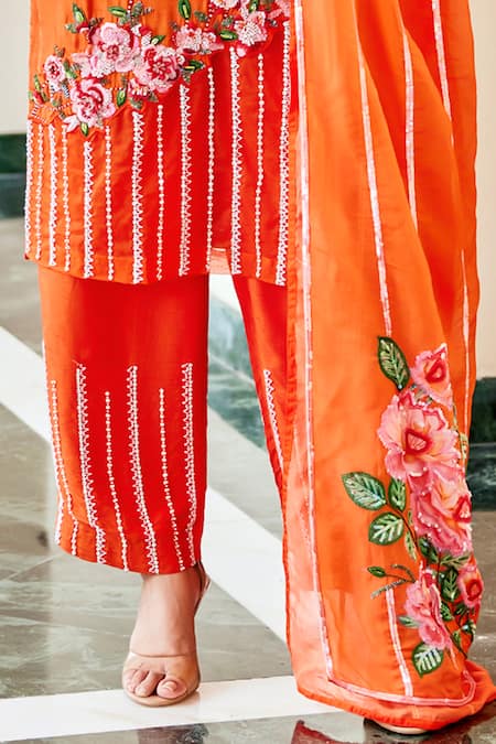 Shop The Royaleum Orange Silk, Organza Sequins, Beads, Candy Floss Floral Kurta And Pant Set Online at Aza Fashions Shop_The Royaleum_Orange Silk, Organza Sequins, Beads, Candy Floss Floral Kurta And Pant Set _Online_at_Aza_Fashions