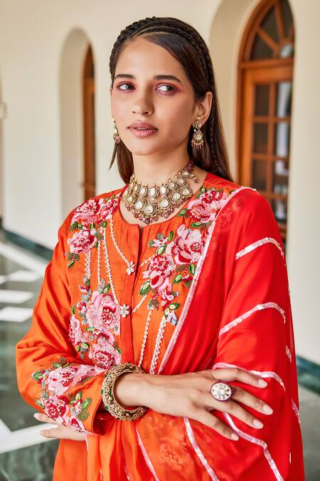 The Royaleum Orange Silk, Organza Sequins, Beads, Candy Floss Floral Kurta And Pant Set at Aza Fashions The Royaleum_Orange Silk, Organza Sequins, Beads, Candy Floss Floral Kurta And Pant Set _at_Aza_Fashions