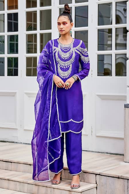 The Royaleum Purple Silk, Organza Sequins, Pearls, Candy Floss Embellished Kurta Pant Set 