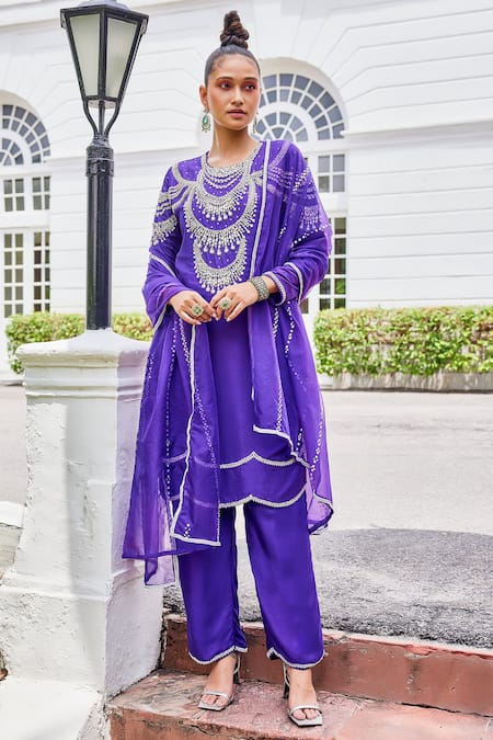 The Royaleum Purple Silk, Organza Sequins, Pearls, Candy Floss Embellished Kurta Pant Set Online at Aza Fashions The Royaleum_Purple Silk, Organza Sequins, Pearls, Candy Floss Embellished Kurta Pant Set _Online_at_Aza_Fashions