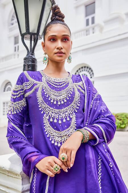 Shop The Royaleum Purple Silk, Organza Sequins, Pearls, Candy Floss Embellished Kurta Pant Set Online at Aza Fashions Shop_The Royaleum_Purple Silk, Organza Sequins, Pearls, Candy Floss Embellished Kurta Pant Set _Online_at_Aza_Fashions