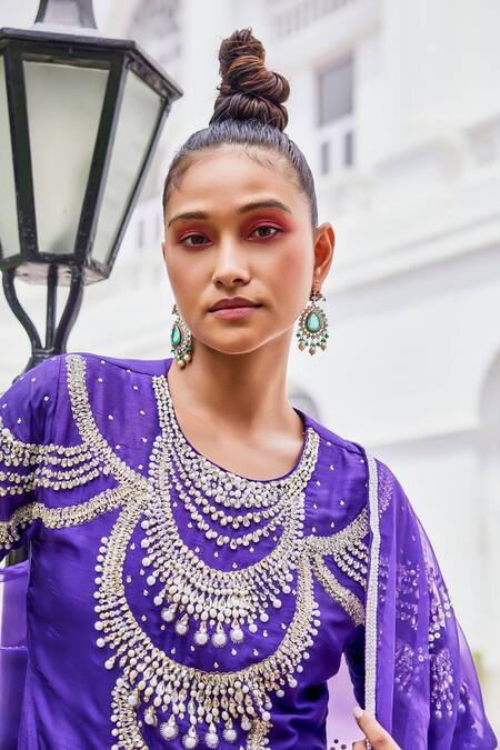 The Royaleum Purple Silk, Organza Sequins, Pearls, Candy Floss Embellished Kurta Pant Set at Aza Fashions The Royaleum_Purple Silk, Organza Sequins, Pearls, Candy Floss Embellished Kurta Pant Set _at_Aza_Fashions