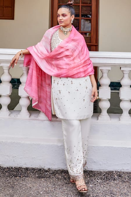 Shop The Royaleum Ivory Silk, Organza Sequins Round Neck Candy Floss Embellished Kurta And Pant Set at Aza Fashions Shop_The Royaleum_Ivory Silk, Organza Sequins Round Neck Candy Floss Embellished Kurta And Pant Set_at_Aza_Fashions