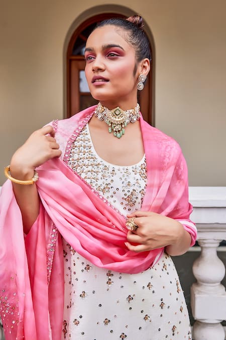 Buy The Royaleum Ivory Silk, Organza Sequins Round Neck Candy Floss Embellished Kurta And Pant Set Online at Aza Fashions Buy_The Royaleum_Ivory Silk, Organza Sequins Round Neck Candy Floss Embellished Kurta And Pant Set_Online_at_Aza_Fashions