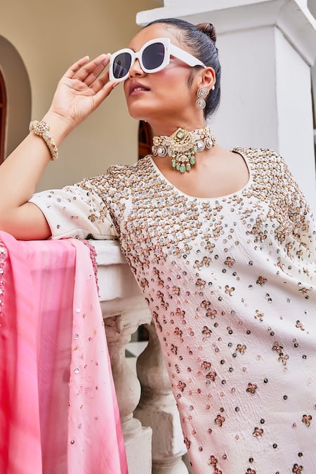 The Royaleum Ivory Silk, Organza Sequins Round Neck Candy Floss Embellished Kurta And Pant Set at Aza Fashions The Royaleum_Ivory Silk, Organza Sequins Round Neck Candy Floss Embellished Kurta And Pant Set_at_Aza_Fashions