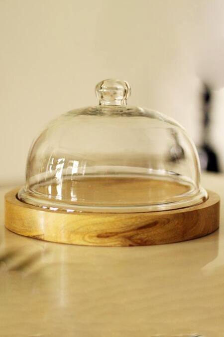 Kaksh Studio_Brown Glass And Wood Cake Cloche_Online_at_Aza_Fashions