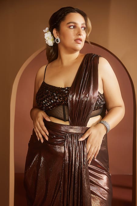 Buy SAANJH BY LEA Brown Polyester, Cotton Embroidery, Zara Metallic Pre-draped Saree With Blouse Online at Aza Fashions Buy_SAANJH BY LEA_Brown Polyester, Cotton Embroidery, Zara Metallic Pre-draped Saree With Blouse_Online_at_Aza_Fashions