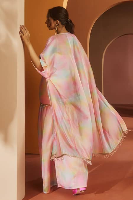 Shop SAANJH BY LEA Pink Organza Mirrors Round Neck Anvi Watercolor Print Cape Sharara Set at Aza Fashions Shop_SAANJH BY LEA_Pink Organza Mirrors Round Neck Anvi Watercolor Print Cape Sharara Set _at_Aza_Fashions