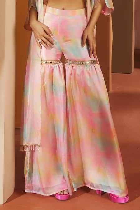 SAANJH BY LEA Pink Organza Mirrors Round Neck Anvi Watercolor Print Cape Sharara Set Online at Aza Fashions SAANJH BY LEA_Pink Organza Mirrors Round Neck Anvi Watercolor Print Cape Sharara Set _Online_at_Aza_Fashions