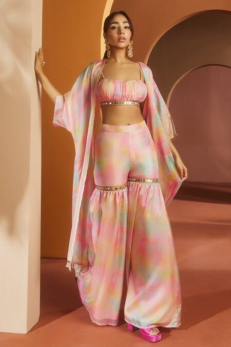 Shop SAANJH BY LEA Pink Organza Mirrors Round Neck Anvi Watercolor Print Cape Sharara Set Online at Aza Fashions Shop_SAANJH BY LEA_Pink Organza Mirrors Round Neck Anvi Watercolor Print Cape Sharara Set _Online_at_Aza_Fashions
