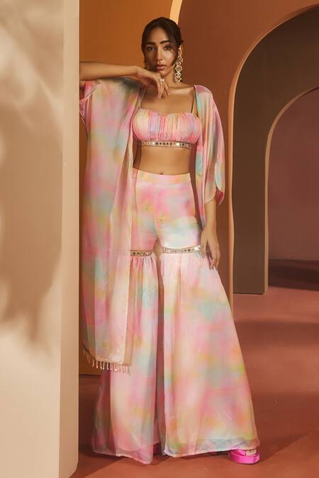 SAANJH BY LEA Pink Organza Mirrors Round Neck Anvi Watercolor Print Cape Sharara Set at Aza Fashions SAANJH BY LEA_Pink Organza Mirrors Round Neck Anvi Watercolor Print Cape Sharara Set _at_Aza_Fashions