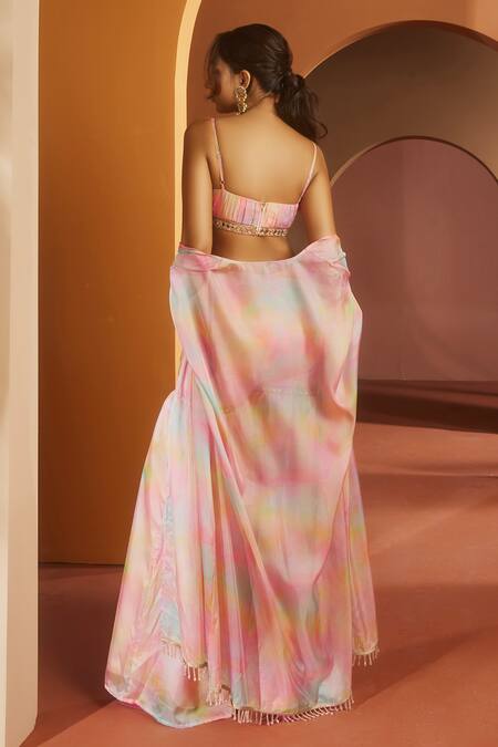 Shop SAANJH BY LEA Pink Organza Mirrors Round Neck Anvi Watercolor Print Cape Sharara Set Shop_SAANJH BY LEA_Pink Organza Mirrors Round Neck Anvi Watercolor Print Cape Sharara Set