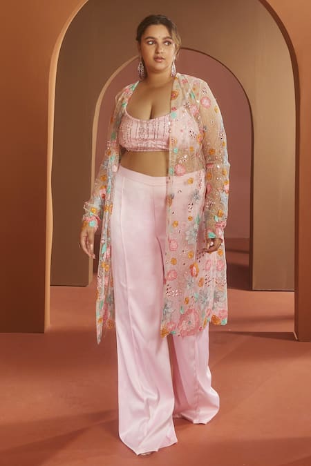 SAANJH BY LEA Pink Organza Embroidered Floral Straight Chaaya Satin Cape Pant Set