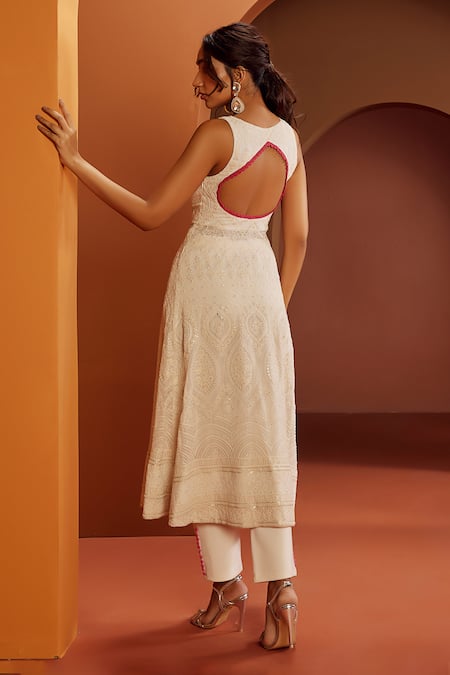 Shop SAANJH BY LEA White Crepe, Georgette Lace, Embroidery Square Neck Falak Anarkali Pant Set at Aza Fashions Shop_SAANJH BY LEA_White Crepe, Georgette Lace, Embroidery Square Neck Falak Anarkali Pant Set _at_Aza_Fashions