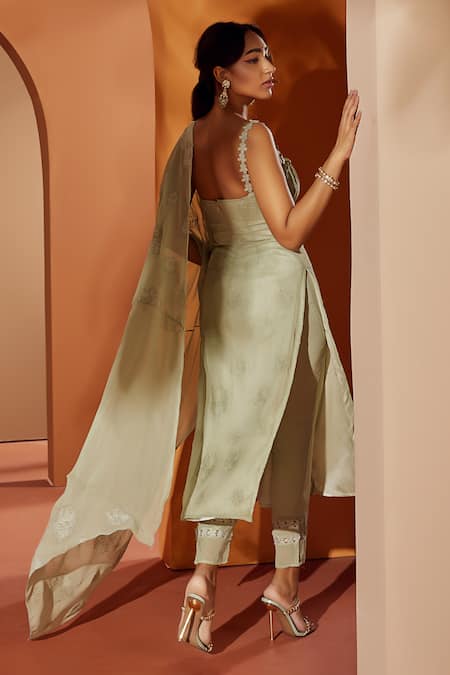 Shop SAANJH BY LEA Green Georgette Lace, Embroidery Square Neck Aarya Kurta Pant Set at Aza Fashions Shop_SAANJH BY LEA_Green Georgette Lace, Embroidery Square Neck Aarya Kurta Pant Set _at_Aza_Fashions