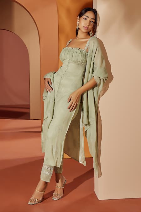 Buy SAANJH BY LEA Green Georgette Lace, Embroidery Square Neck Aarya Kurta Pant Set Online at Aza Fashions Buy_SAANJH BY LEA_Green Georgette Lace, Embroidery Square Neck Aarya Kurta Pant Set _Online_at_Aza_Fashions