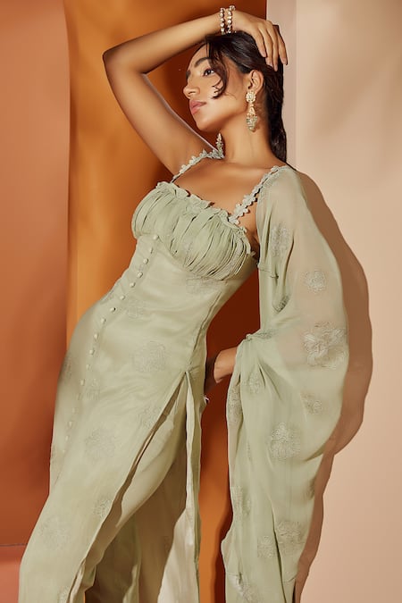 Shop SAANJH BY LEA Green Georgette Lace, Embroidery Square Neck Aarya Kurta Pant Set Online at Aza Fashions Shop_SAANJH BY LEA_Green Georgette Lace, Embroidery Square Neck Aarya Kurta Pant Set _Online_at_Aza_Fashions