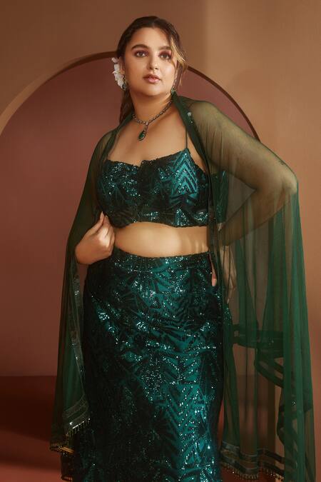 Buy SAANJH BY LEA Green Net Sequins Square Neck Zaitra Embroidered Bridal Lehenga Set Online at Aza Fashions Buy_SAANJH BY LEA_Green Net Sequins Square Neck Zaitra Embroidered Bridal Lehenga Set_Online_at_Aza_Fashions