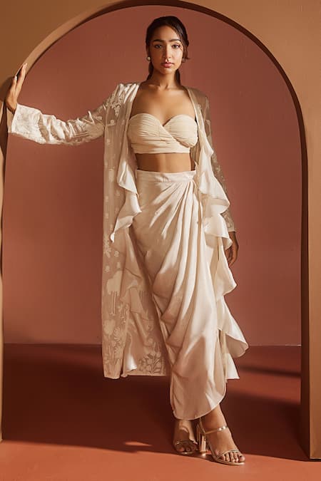 SAANJH BY LEA Ivory Satin Embroidered Machine Aashvi Shimmer Cape Draped Skirt Set 