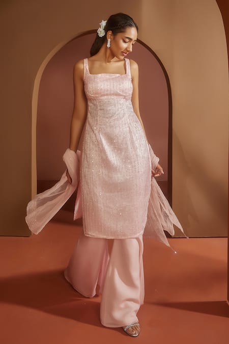 SAANJH BY LEA Pink Net Machine Ira Shimmer Embellished Kurta Pant Set