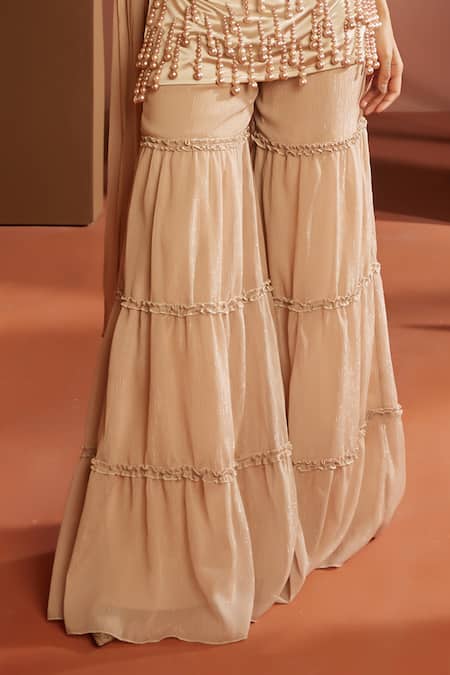 SAANJH BY LEA Beige Satin, Chiffon Pearls Square Neck Janaki Embellished Kurta Pant Set Online at Aza Fashions SAANJH BY LEA_Beige Satin, Chiffon Pearls Square Neck Janaki Embellished Kurta Pant Set_Online_at_Aza_Fashions