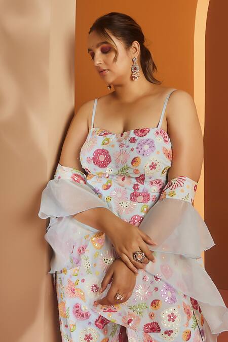 Buy SAANJH BY LEA Blue Georgette, Organza Sequins, Applique, Floral Work Kurta Pant Set Online at Aza Fashions Buy_SAANJH BY LEA_Blue Georgette, Organza Sequins, Applique, Floral Work Kurta Pant Set _Online_at_Aza_Fashions