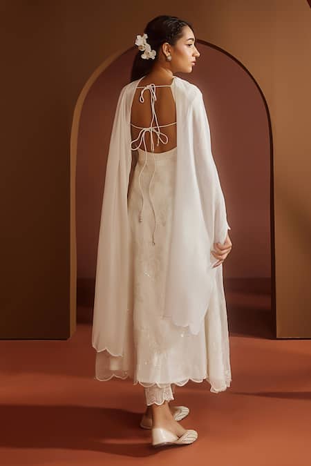 Shop_SAANJH BY LEA_White Organza, Satin Embroidery, Sequins Avya Corset Anarkali Pant Set_at_Aza_Fashions