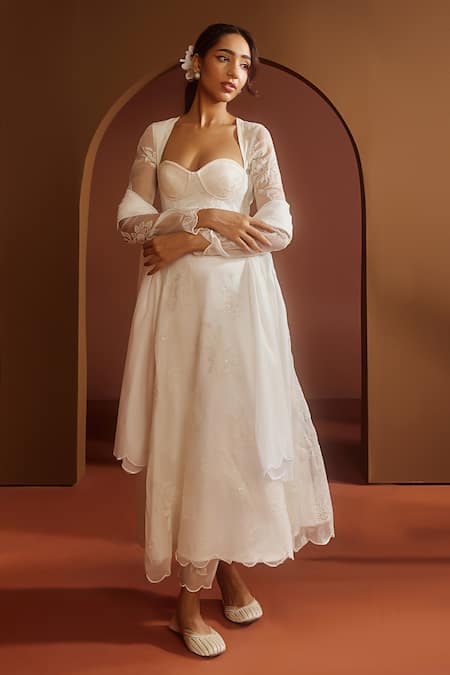 SAANJH BY LEA_White Organza, Satin Embroidery, Sequins Avya Corset Anarkali Pant Set_Online_at_Aza_Fashions