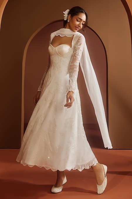 Shop_SAANJH BY LEA_White Organza, Satin Embroidery, Sequins Avya Corset Anarkali Pant Set_Online_at_Aza_Fashions