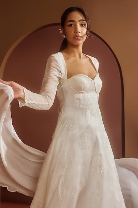 SAANJH BY LEA_White Organza, Satin Embroidery, Sequins Avya Corset Anarkali Pant Set_at_Aza_Fashions