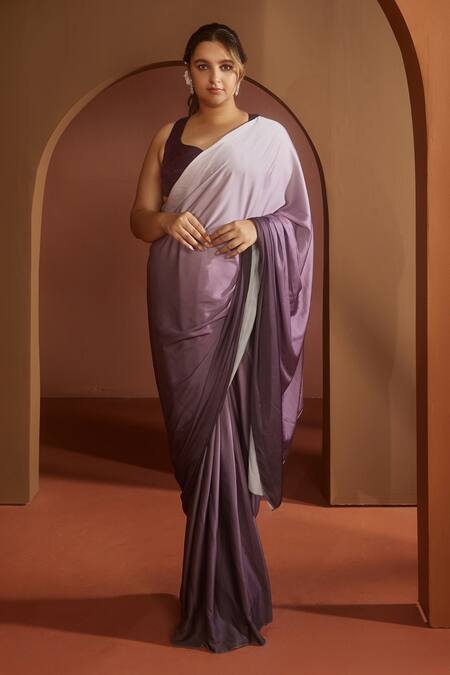 SAANJH BY LEA_Purple Satin Sequins Sweetheart Neck Ombre Pre-draped Saree And Blouse_Online_at_Aza_Fashions
