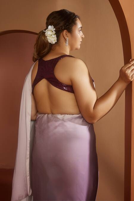 SAANJH BY LEA_Purple Satin Sequins Sweetheart Neck Ombre Pre-draped Saree And Blouse_at_Aza_Fashions