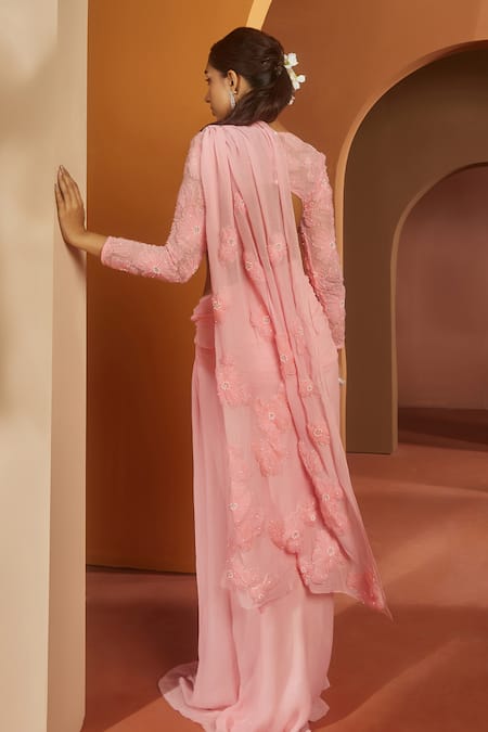 Shop SAANJH BY LEA Pink Chiffon, Net Embroidery, Pearls Sarika Floral Pre-draped Saree With Blouse at Aza Fashions Shop_SAANJH BY LEA_Pink Chiffon, Net Embroidery, Pearls Sarika Floral Pre-draped Saree With Blouse_at_Aza_Fashions