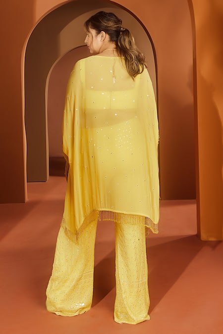 Shop SAANJH BY LEA Yellow Georgette Mirrors Sweetheart Neck Jivika Embroidered Cape Pant Set at Aza Fashions Shop_SAANJH BY LEA_Yellow Georgette Mirrors Sweetheart Neck Jivika Embroidered Cape Pant Set_at_Aza_Fashions