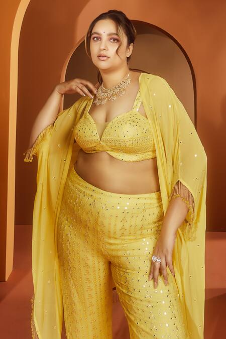 SAANJH BY LEA Yellow Georgette Mirrors Sweetheart Neck Jivika Embroidered Cape Pant Set Online at Aza Fashions SAANJH BY LEA_Yellow Georgette Mirrors Sweetheart Neck Jivika Embroidered Cape Pant Set_Online_at_Aza_Fashions