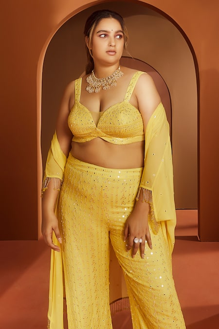 Buy SAANJH BY LEA Yellow Georgette Mirrors Sweetheart Neck Jivika Embroidered Cape Pant Set Online at Aza Fashions Buy_SAANJH BY LEA_Yellow Georgette Mirrors Sweetheart Neck Jivika Embroidered Cape Pant Set_Online_at_Aza_Fashions
