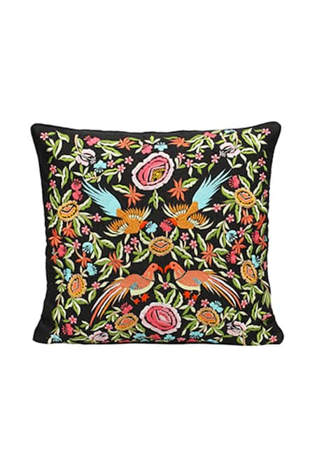 Perenne Design Black Silk Embroidered Square Cushion Cover With Filler 