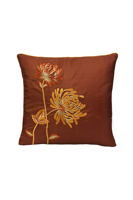 Perenne Design Brown Silk Embroidered Square Cushion Cover With Filler 