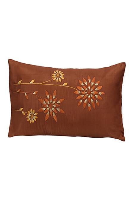 Perenne Design Brown Silk Embroidered Rectangular Cushion Cover With Filler 