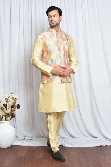 Aryavir Malhotra Multi Color Silk Vintage Window Art Pattern Nehru Jacket 