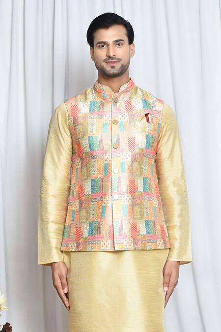 Arihant Rai Sinha Multi Color Silk Vintage Window Art Nehru Jacket Online at Aza Fashions Arihant Rai Sinha_Multi Color Silk Vintage Window Art Nehru Jacket _Online_at_Aza_Fashions