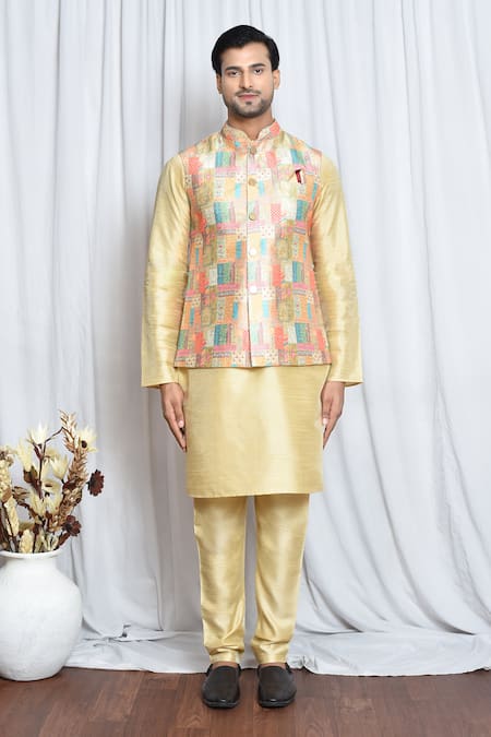 Shop_Arihant Rai Sinha_Multi Color Silk Vintage Window Art Nehru Jacket _Online_at_Aza_Fashions