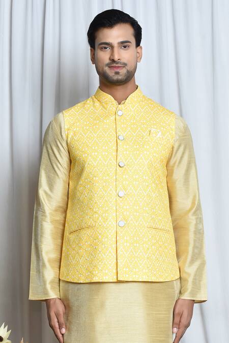 Arihant Rai Sinha Yellow Cotton Embroidery Flora Diamond Nehru Jacket Online at Aza Fashions Arihant Rai Sinha_Yellow Cotton Embroidery Flora Diamond Nehru Jacket _Online_at_Aza_Fashions